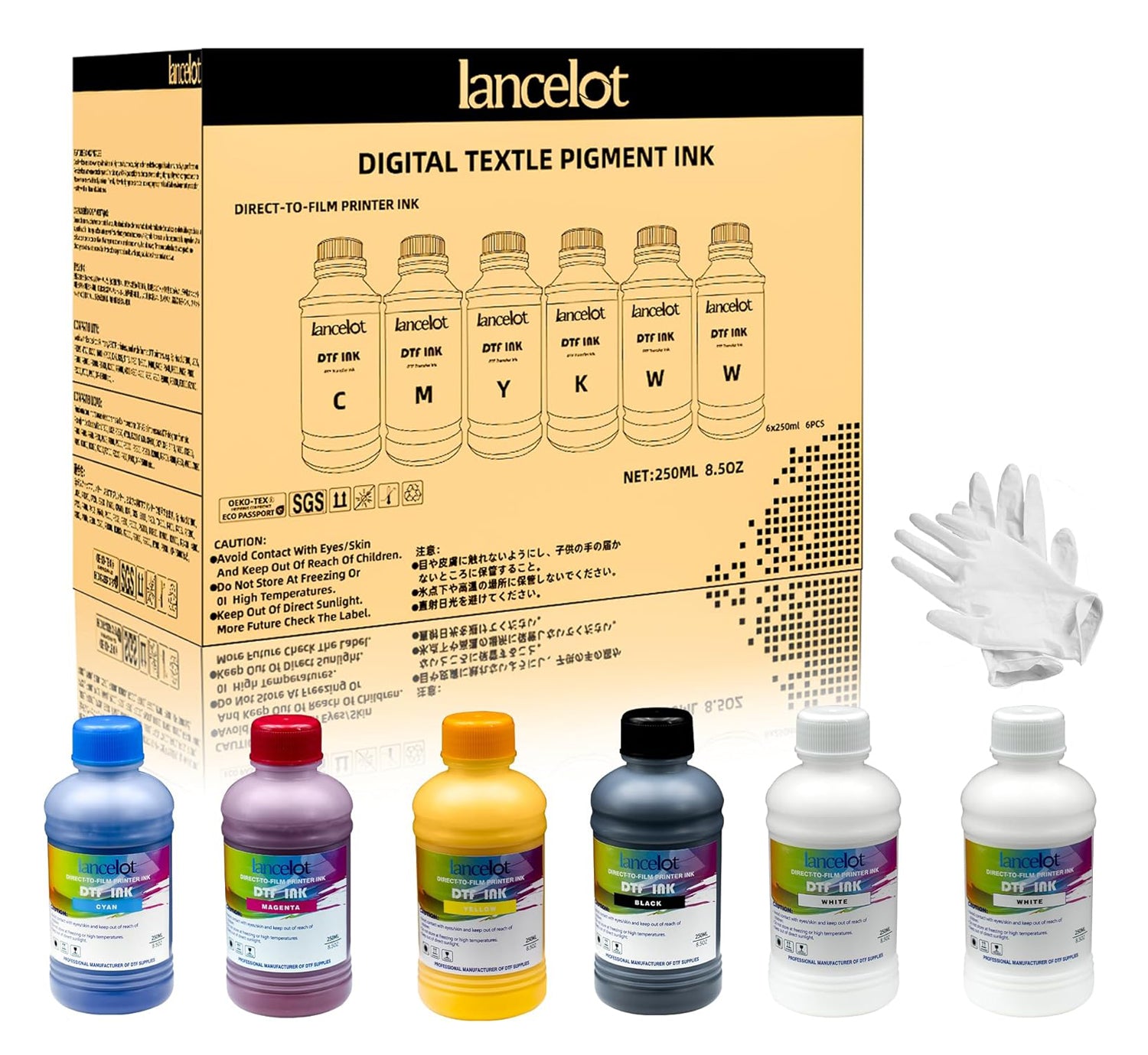 Lancelot DTF INK Combo Pack 250ML (2 White,1 Black,1 Cyan,1 Magenta,1 Yellow)