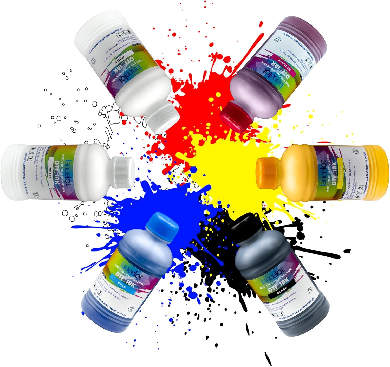 Lancelot DTF INK Combo Pack 250ML (2 White,1 Black,1 Cyan,1 Magenta,1 Yellow)