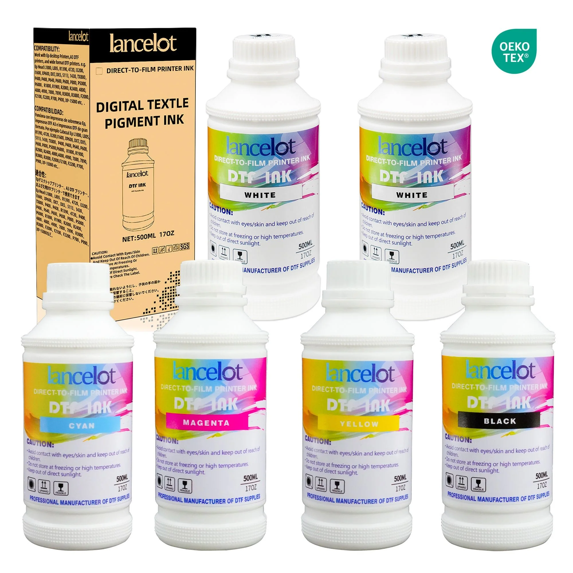 Lancelot DTF INK Combo Pack 500ML (2 White,1 Black,1 Cyan,1 Magenta,1 Yellow)
