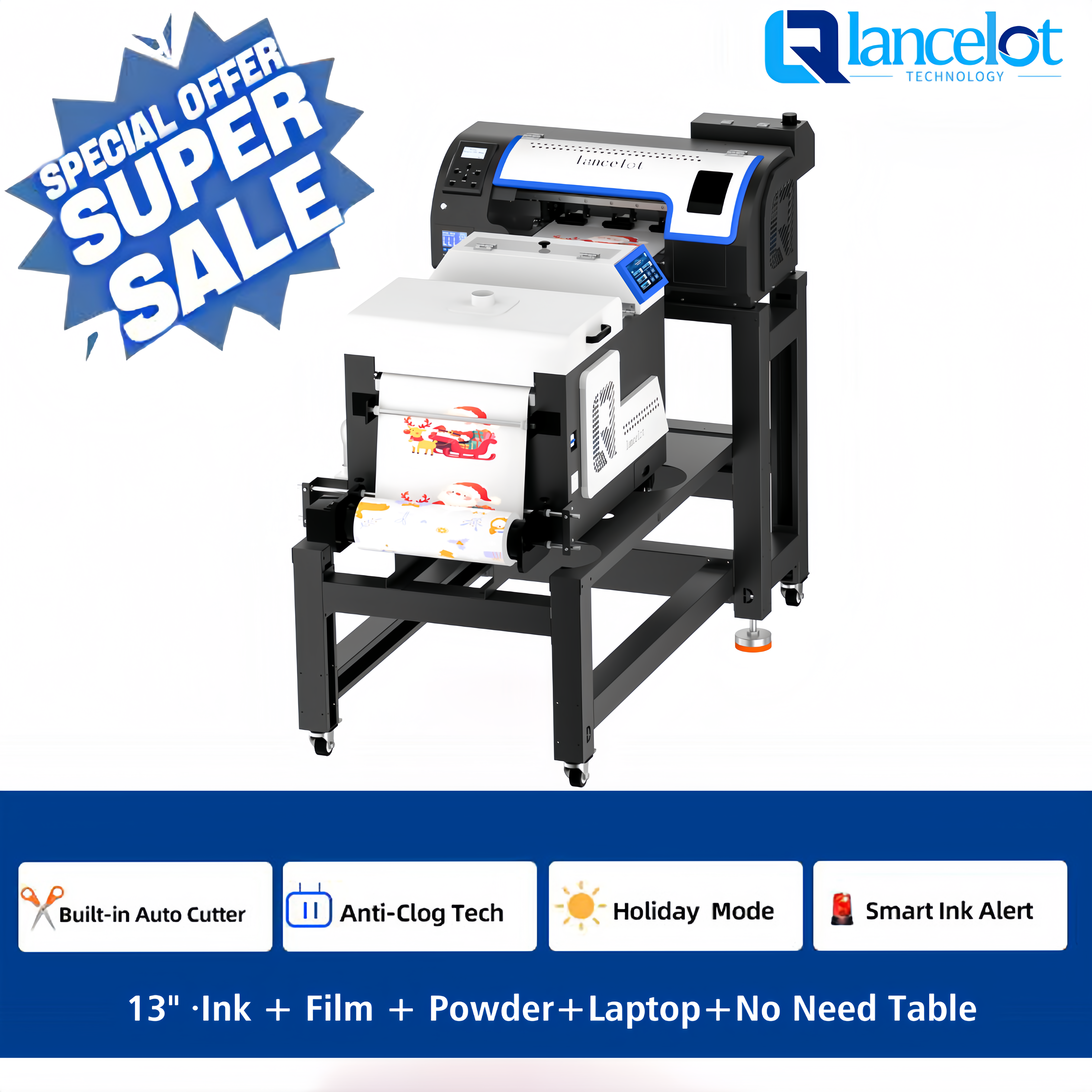 Lancelot M1630 Pro DTF Printer Dream Mobile Workstation – with Laptop, Shaker, Mobile Rack & Ink + Film + Powder, Holiday Mode, Auto-Clean, Auto Cutter, Ink Alarm